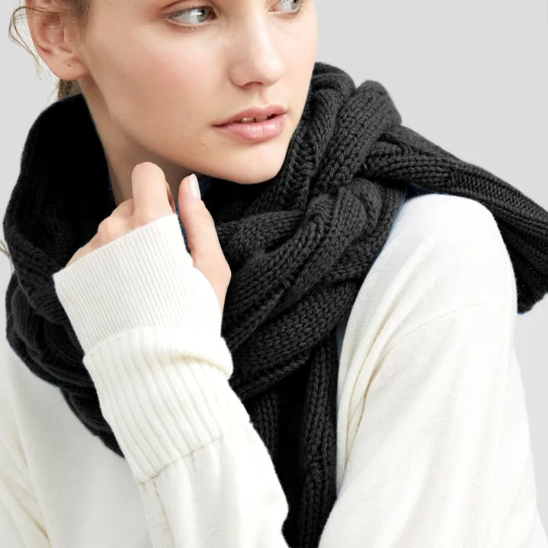 Чистый шерстяной шарф для женщин роскошный зимний плотный вязаный шарф шали для женщин теплый однотонный шарф шерстяная накидка для фуляра - Цвет: Черный
