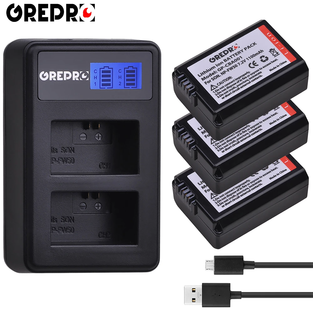 

GREPRO 3pcs Battery NP-FW50 NP FW50 NPFW50 Camera Battery+LCD Charger for Sony Alpha a6500 a6300 a5000 a3000 NEX-3 a7R bateria