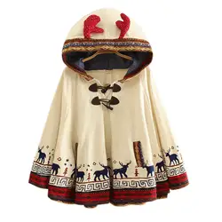 Плащ-накидка с капюшоном для девочек в японском стиле; сезон зима-весна; короткий бархатный плащ с рисунком оленя; пальто-пончо с капюшоном