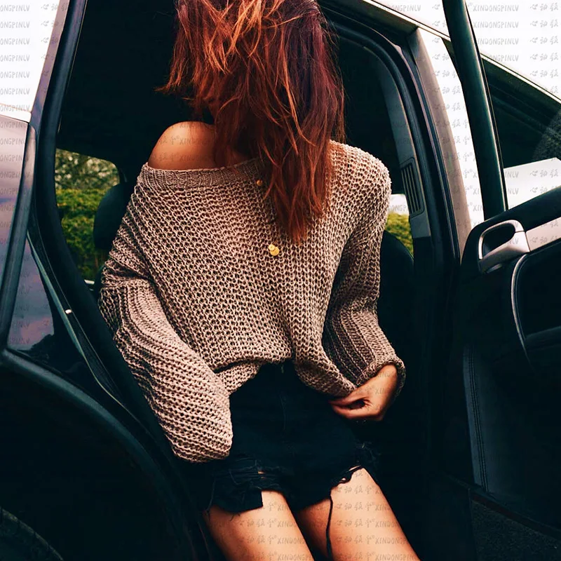 

Women Knitted Sweater Thin Solid Long Sleeve Off Shoulder Casual Loose Jumper Pullover female Knitwear Korean Style Tops Pink
