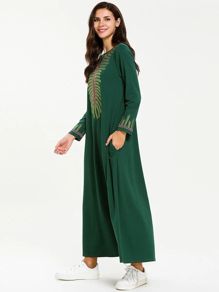 Этническая украшенная обувь в стиле мусульманское платье-Абая Хиджаб Исламский, арабский халат с карманами, свободный, dubai длинный рукав