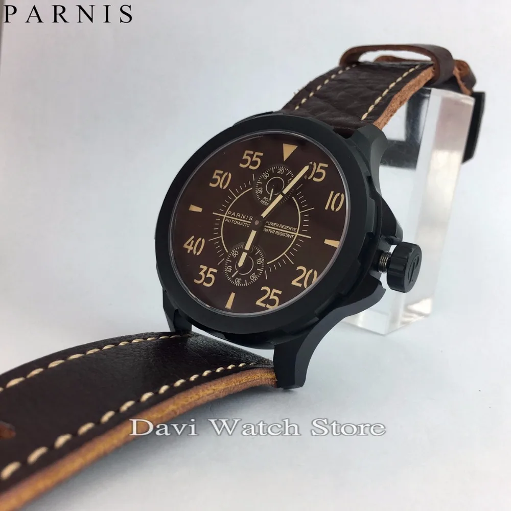 44 мм Parnis черный чехол светящиеся стрелки циферблат кожаный ремешок powerserve автоматические мужские наручные часы