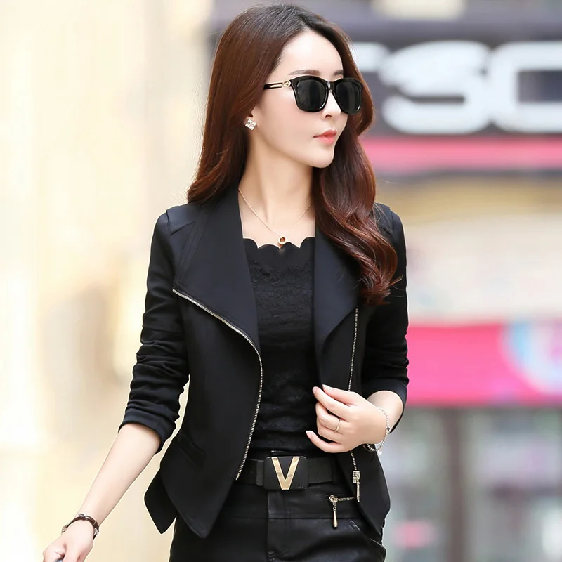 Весна и осень мода корейский тонкий молния сплошной цвет с длинными рукавами женская короткая куртка TB708221