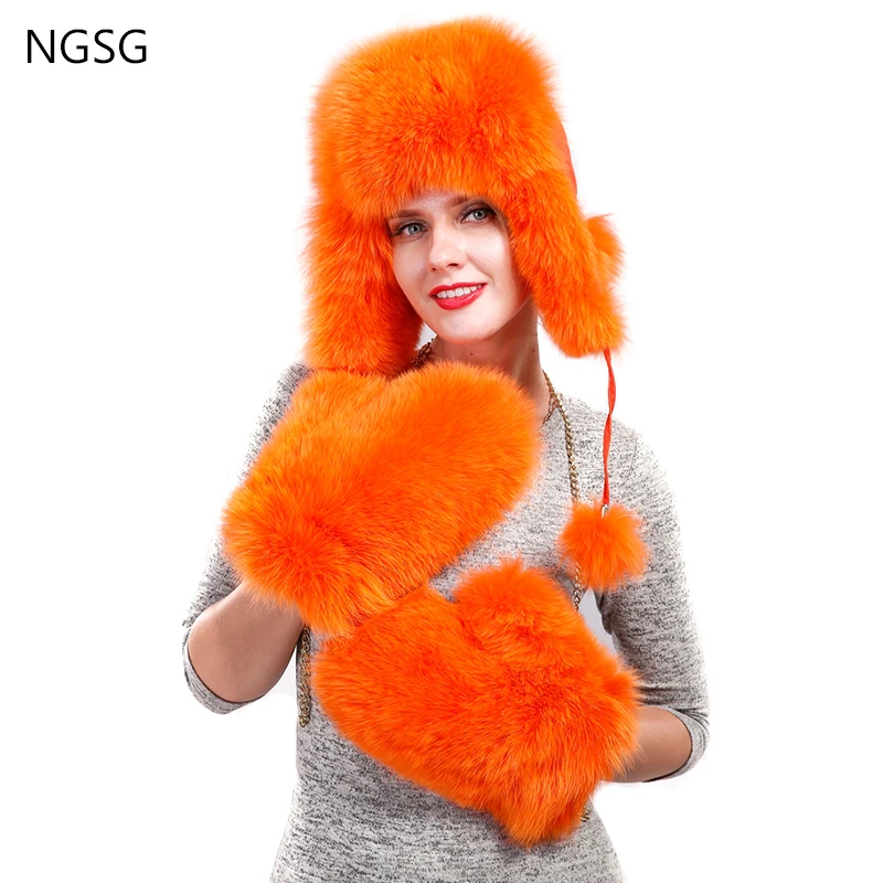 NGSG Women Fox Fur Gloves Solid Red Fox Genuine Leather Lined Removable Chain Winter Russian School Student Girl Gloves WHG001