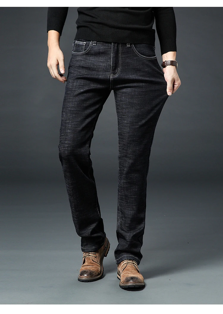 Джинсы kstun мужские зимние черные классические деловые повседневные тонкие прямые утолщенные флисовые эластичные теплые джинсы с высокой талией размера плюс 38