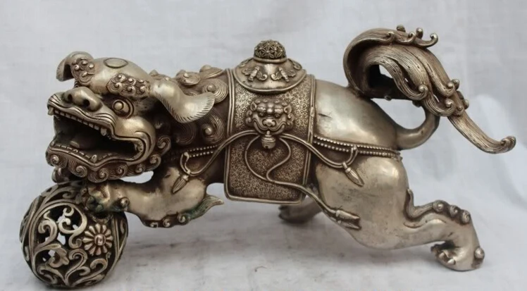 

150610 S1612 16"Lucky Chinese House Feng Shui Silver Foo Fu Dog & Lion Beast WIth Ball Statue
