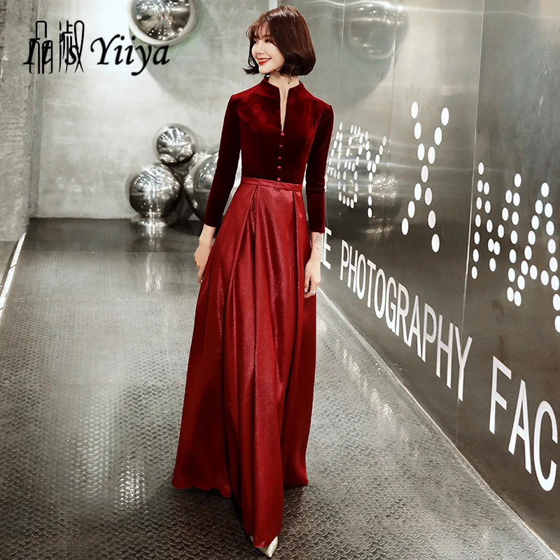 Это YiiYa вечернее платье винно-красного цвета с рукавами три четверти Свадебные торжественные платья с молнией сзади длиной до пола вечерние трапециевидные платья E346