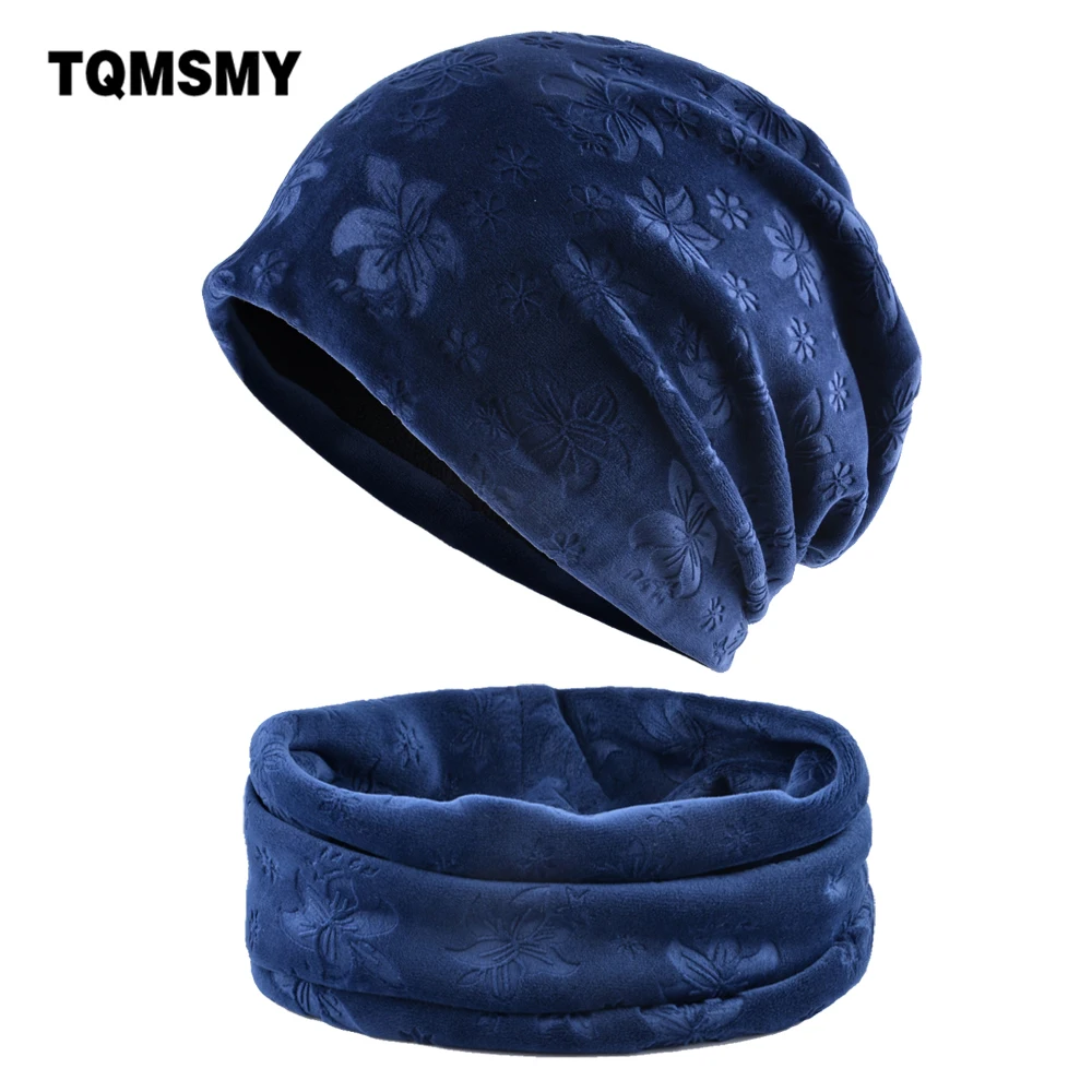 

Women Winter Thick Beanies Fashion Embossing Flower Warm Hat And Scarf Sets Female Soft Bonnet Femme Skullies Cap Ladies Scarves