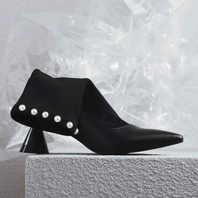 

MLJUESE 2019 women ankle boots soft cow leather autumn spring black color pearls pointed toe high heels women boots size 34-40