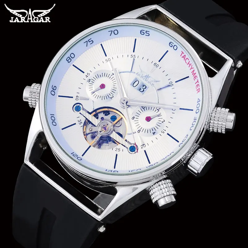 

JARAGAR Brand Simple Design Mechanical Watch Men Rubber Band Tourbillon Automaitc Watches Auto Calendar Clock Relogio Masculino