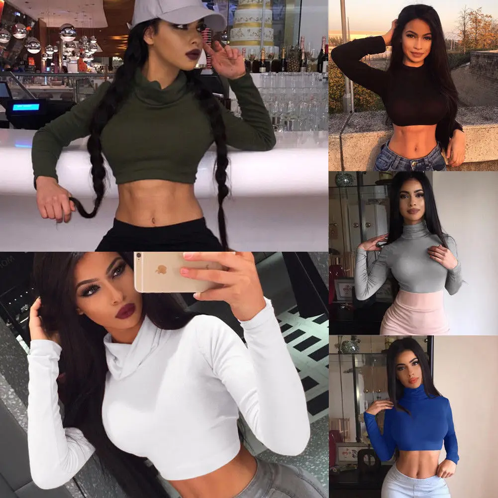 

Summer Women Turtle Neck Crop Top Ladies Long Sleeve Bodycon Tees Plain Short T-Shirts Club Stretch T Shirt New Fashion