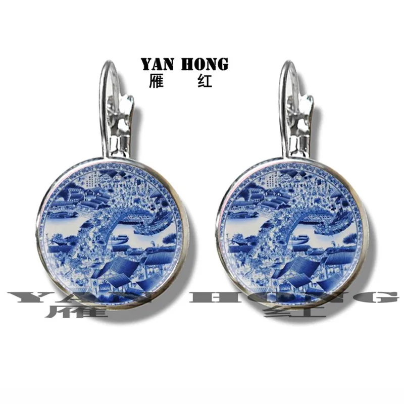 

China Blue and White Porcelain, Landscape Decoration, Earrings 16mm Glass. Fashion ornaments with exquisite patterns
