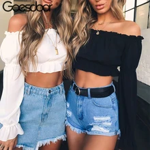 

GOESDOOR Flare sleeve off shoulder chiffon blouse shirt women Sexy short crop tops white casual streetwear female blouse blusas