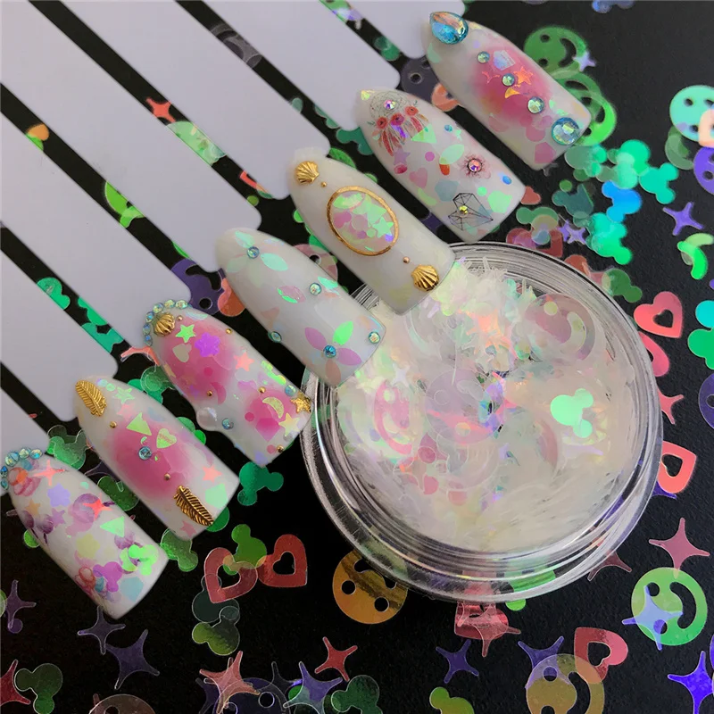 

WUF AB Chameleon Color Sequins Nail Art Glitter Flakes UV Gel Polish Star Heart Flower Paillette Decor Tools