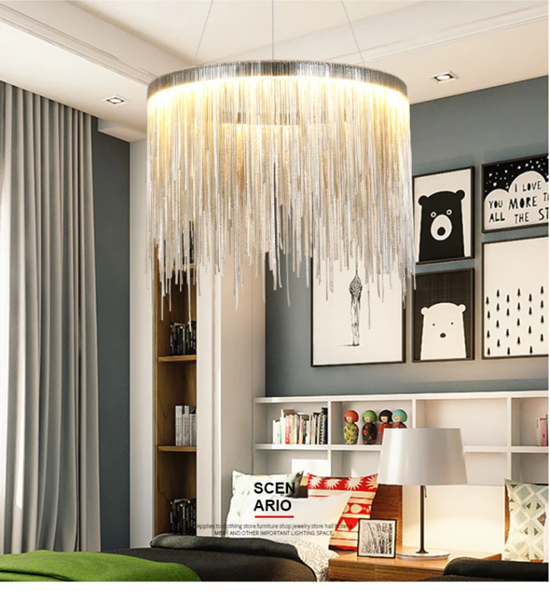 Arte de Prata Design de Engenharia Design Italiano Lustre Luxo Corrente Borla Alumínio Led Bela Iluminação Mod. 136165 10 de engenharia luxo corrente borla alumínio led bela iluminação lustre