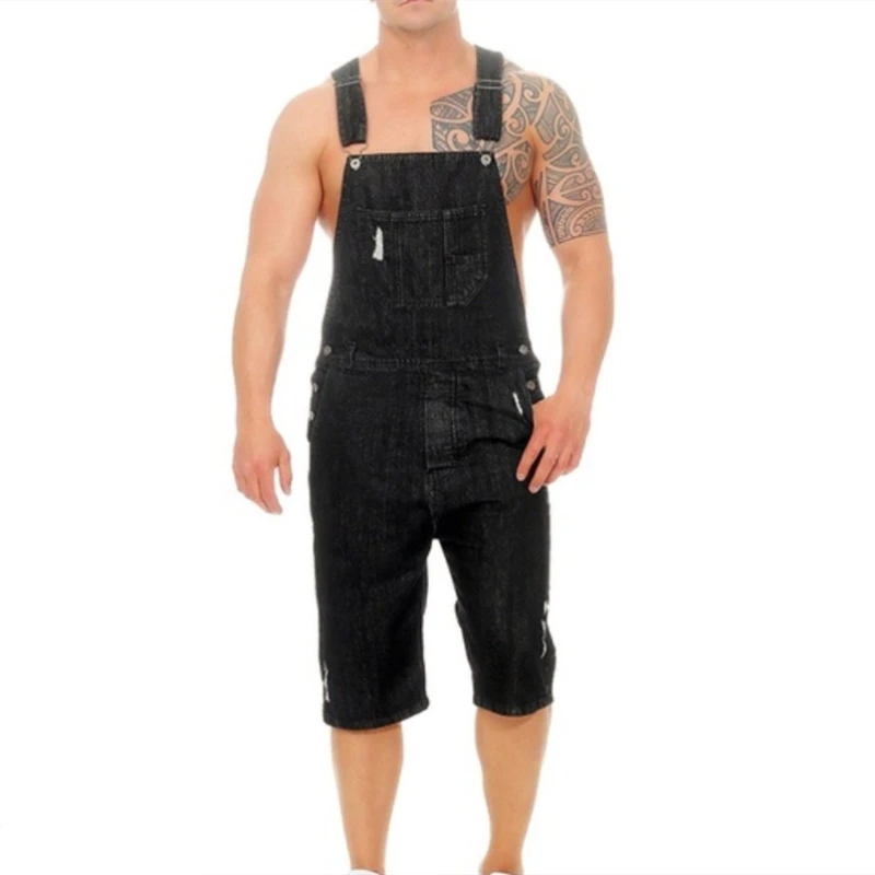 

Plus Size Short Jeans Jumpsuit Men Summer Hi Street Distressed Denim Bib Overalls For Man Vintage Pockets Ripped Suspender Pants