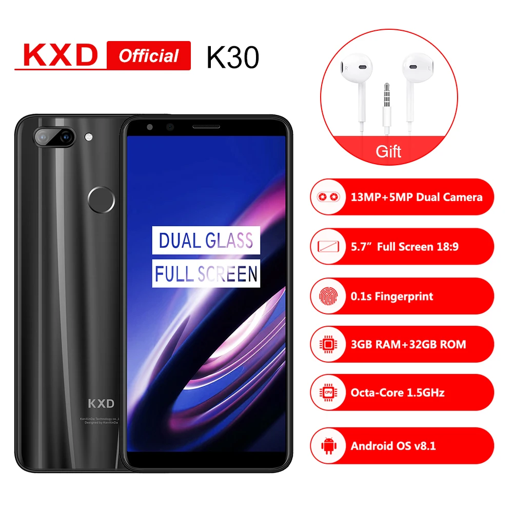 KXD K30 5 7 дюймовый смартфон двойное стекло 18:9 HD + полный Экран Andriod8.0 MTK6750 Octa Core 1 Ghz 3g
