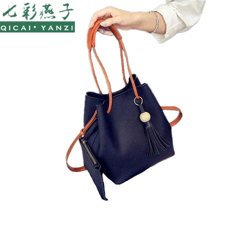 2017 Women Tassel Buckets 2pcs font b set b font PU Leather font b Handbags b