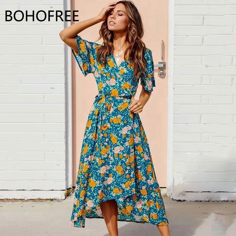 

BOHOFREE Wrap Body Robe Dress Tropical Floral Print Maxi Dress Beach Dress Women Fashion Bandage Sashes V Neck Vestidos Femmes