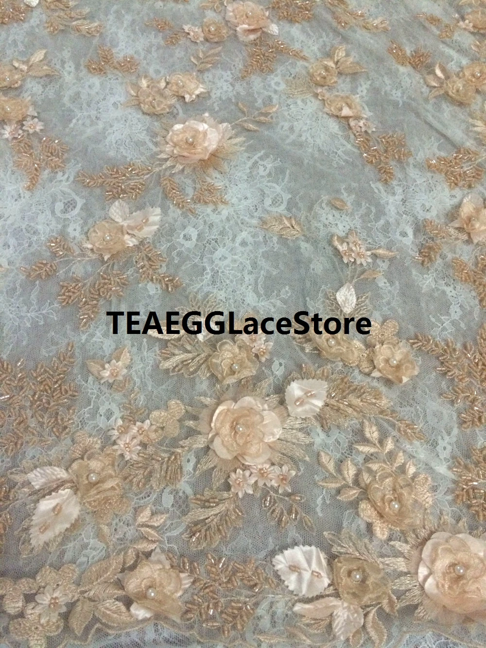 

1/5yards nude/off white 3d flower nigerian embroidery net lace fabric for bridal good quality french net lace fabric with beads