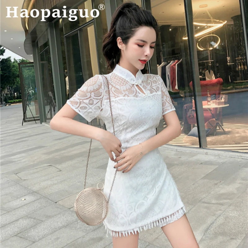 

2019 Summer New Style Black Lace Cheongsam Blouse and Short Slim Pants for Women Casual Party Two Pieces Set Vintage Suit Set