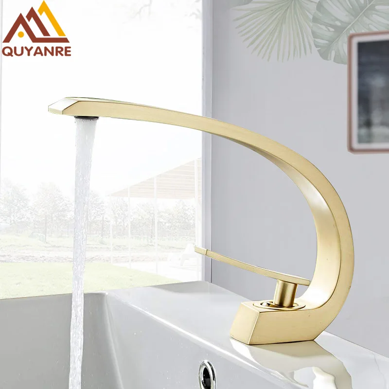 quyanre wanfan brushed gold basin faucet single handle mixer tap deck mount waterfall basin faucet2