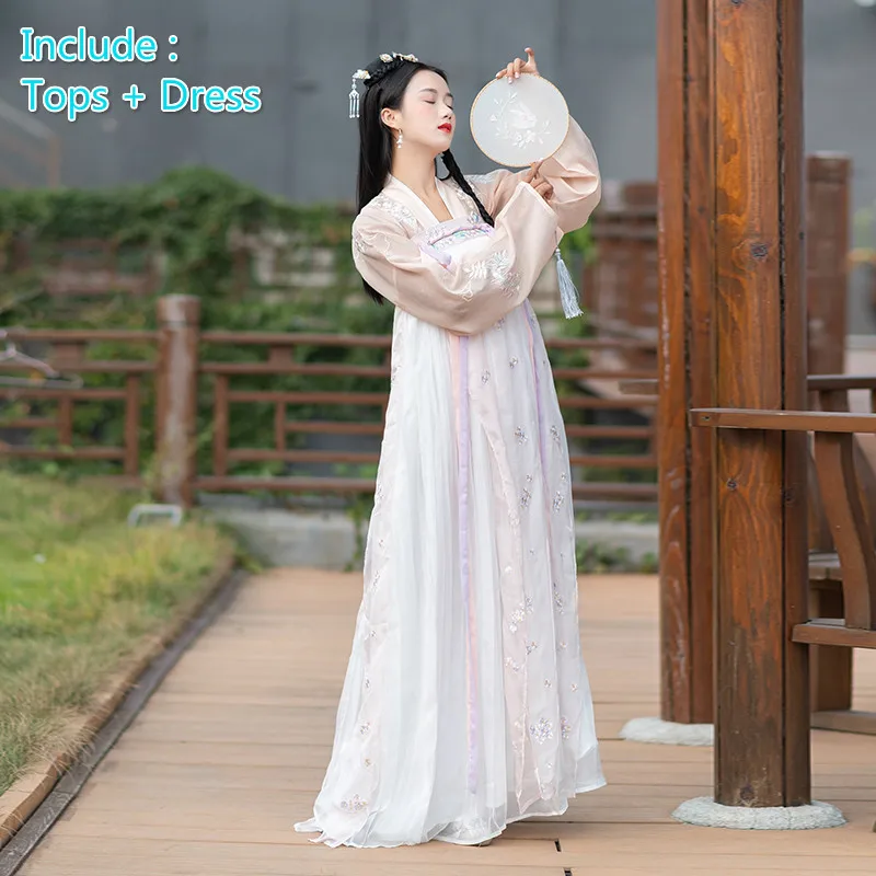 Модное традиционное платье Hanfu с вышивкой династии Тан, древний костюм, платье феи, одежда для народных танцев Hanfu для сцены