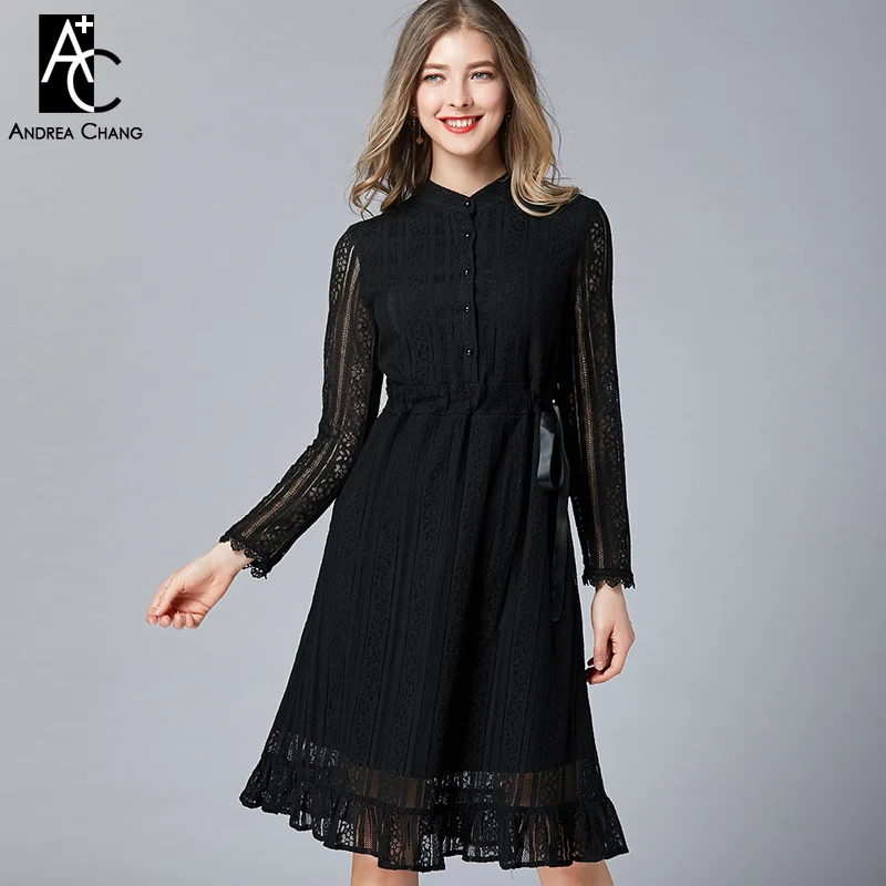 

PLUS SIZE woman dress L-5XL high quality summer spring dress buttoned top ribbon belt full sleeve knee length black lace dress