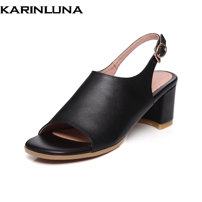 

Karinluna 2018 Genuine Leather Big Size 33-43 Buckle Strap Chunky Heels Women Summer Sandals Black White Shoes Woman Shoes