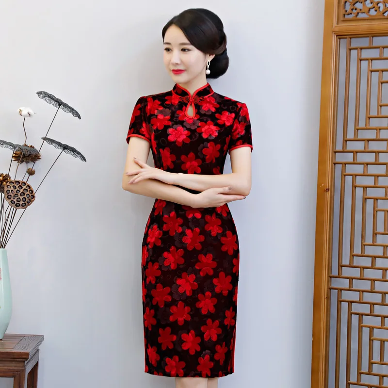 Модные женские туфли 'размеры s и m ini Cheongsam Весна новое поступление китайский Стиль велюр элегантное платье Qipao Vestidos Размеры s m L XL XXL XXXL 4XL - Цвет: Red - A