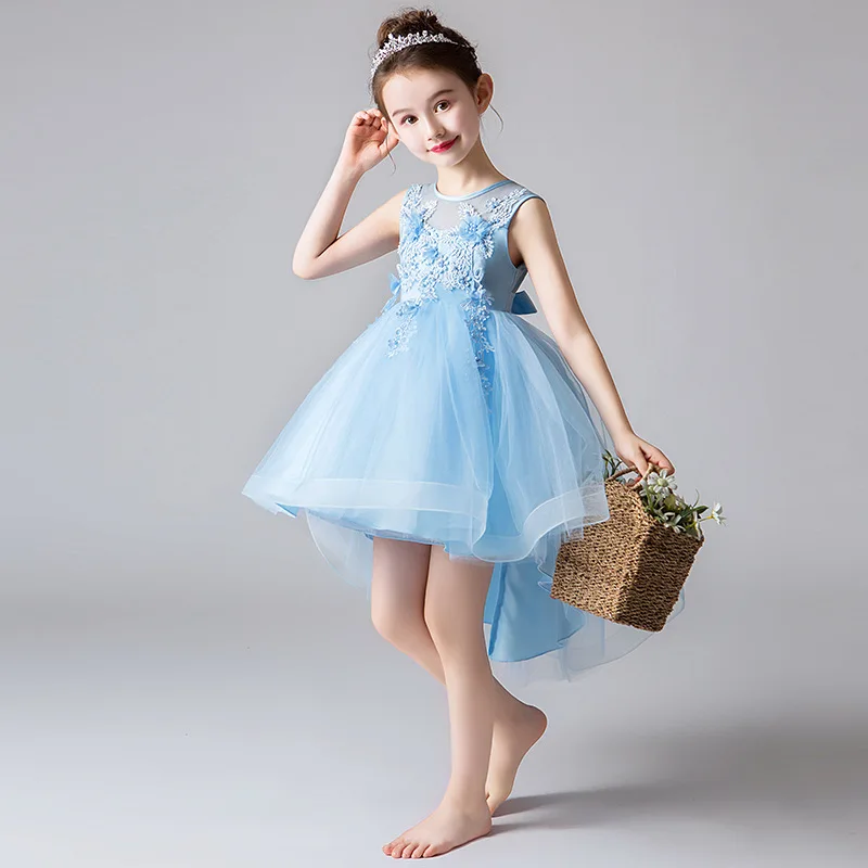 

Pretty New 2020 Blue Tulle Flower Girl Dresses for Wedding Party Baby Baptism Birthday Dresses Floral kids First Communion Gowns