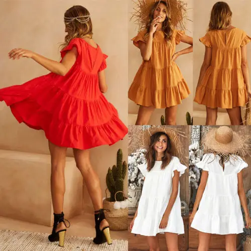 Модное женское мини-платье, летнее пляжное Повседневное платье с короткими рукавами и пуговицами, однотонные платья, сарафан
