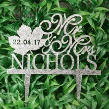 Персонализированные клен Лист Свадебный торт Топпер, акриловые деревянные Свадебные украшения торт Топпер, пользовательские свадебный торт Топпер имя Дата