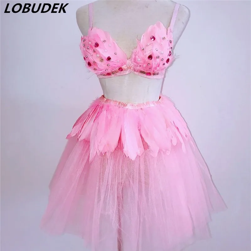 (Bra+skirt) Pink Feathers Female Costume Bling Crystals Beading Stage