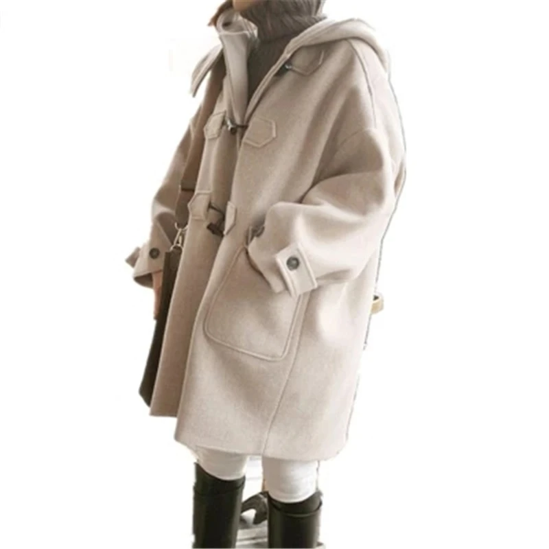 

New Woolen Coat Winter Coat Loose Women's Wool & Blends Coat Hooded Horn Button Women Jacket 2018 Winter Female Woolen Coats HH