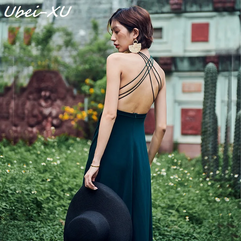 

Ubei 2019 summer new v-neck sexy backless halter top chiffon dress high-waist pleated holiday dress women beach style long dress