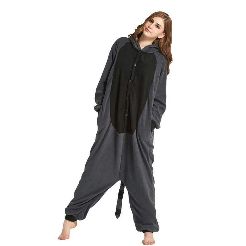 Funny Gray Black Raccoon Kigurumi For Adults Polar Fleece Pajamas Women Onesie Winter Sleepwear Men Night-Suit Halloween Cosplay