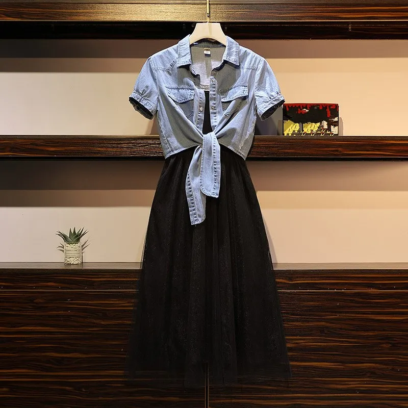 

Fashion 2019 Summer Solid Short Sleeve Two Piece Set Women Denim Crop Top Spaghetti Strap Mesh Dress Outfits Plus Size Suits
