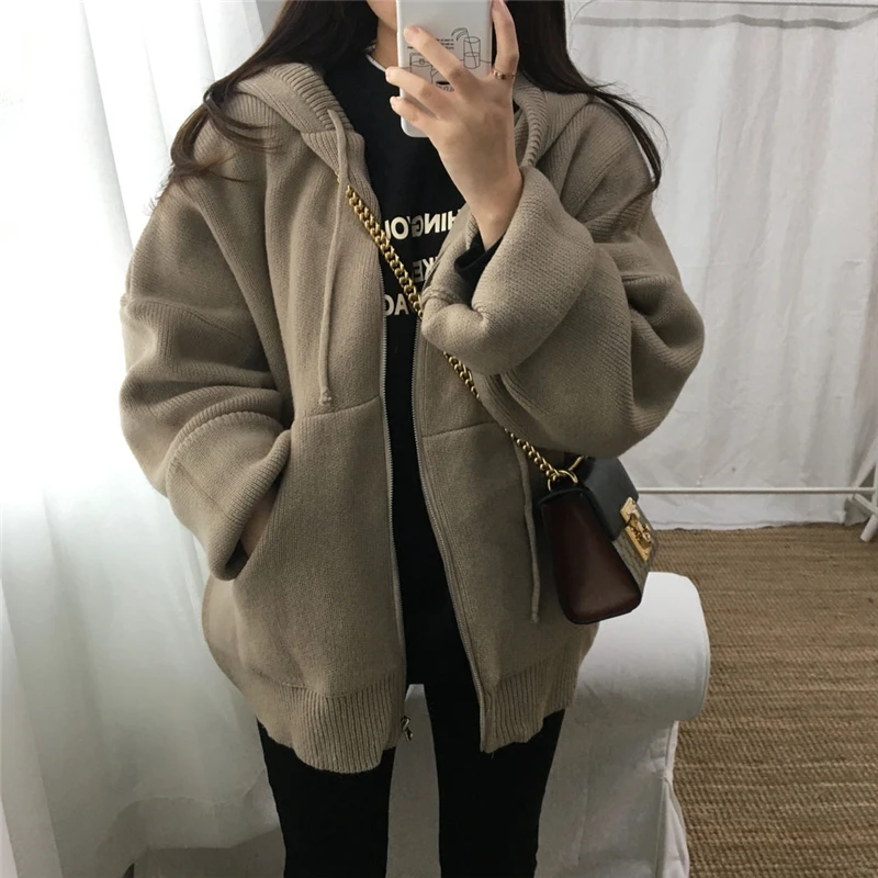 Ceny HziriP jesienno zimowa damska z dzianiny z kapturem trwały płaszcz kurtka luźna płaszcz ocieplany kobieta płaszcz na co dzień ciepłe kurtki 4 kolory