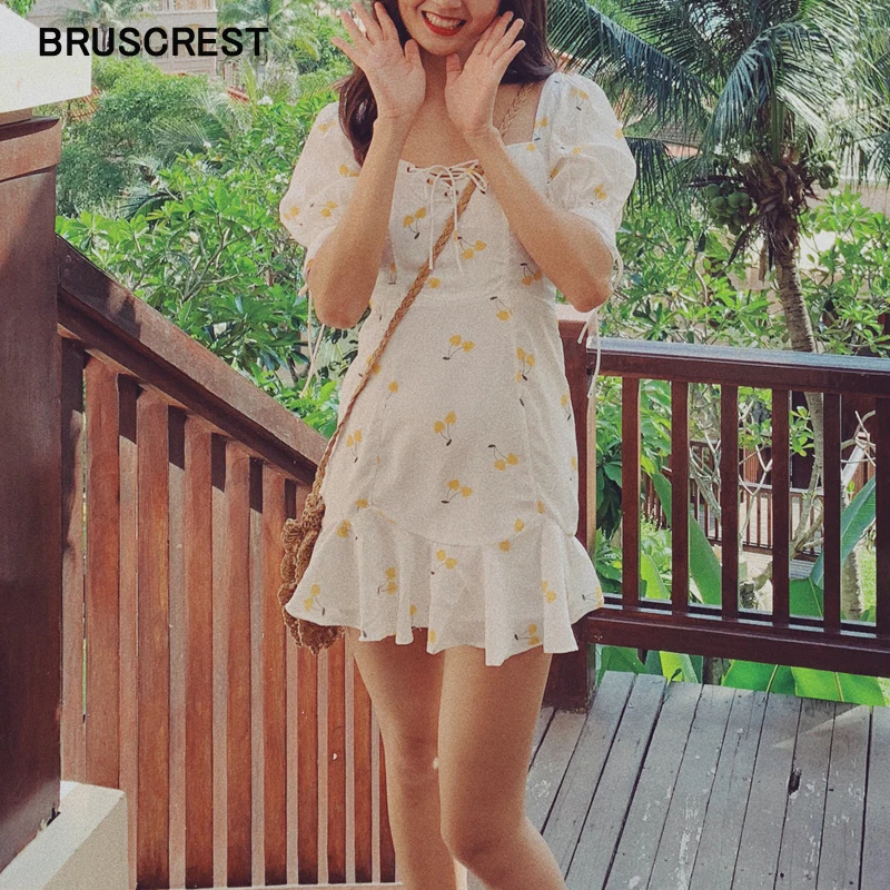 

Summer dress 2019 vintage kawaii yellow floral ruffle dress elegant women front lace up white party dress mini sexy vestidos