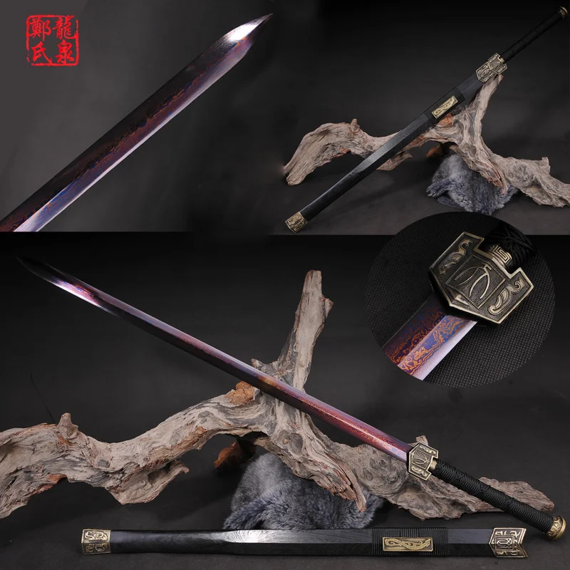 

Chinese Sword Double Edges Blade Real Folded Steel Red Plating Surface Sharp Rose Wood Sheath Home Ornaments / Decoration