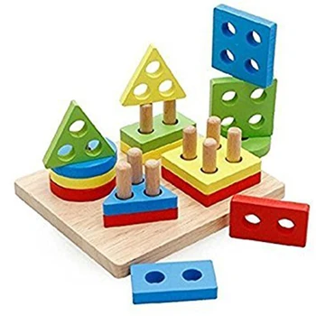 

Geometric Shapes Building Blocks Assembled Kids Wooden Toys Building Colorful Four Column Shape Matching Geometry Wisdom Toy