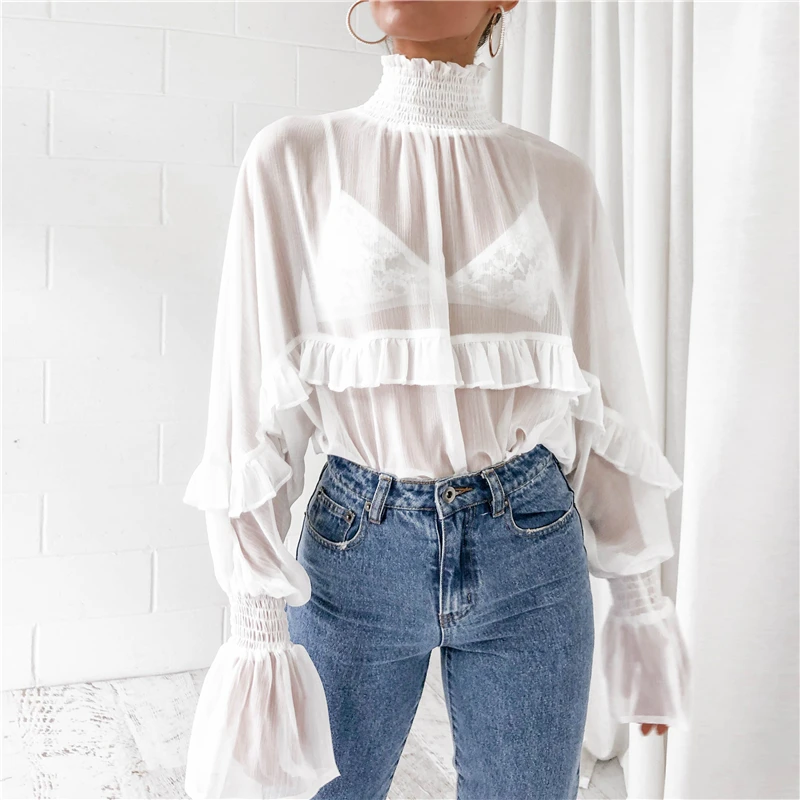 

2019 Nieuwe Vrouwen Blouses Sexy See Through Ruffle Chiffon Blouse Elegante Perspectief Lange Mouwen Coltrui Top Camisas Mujer
