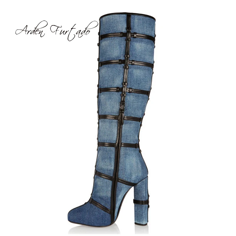 

Arden Furtado 2018 autumn winter knee high boots platform gladiator denim fashion casual boots women's shoes chunky heels 43 45