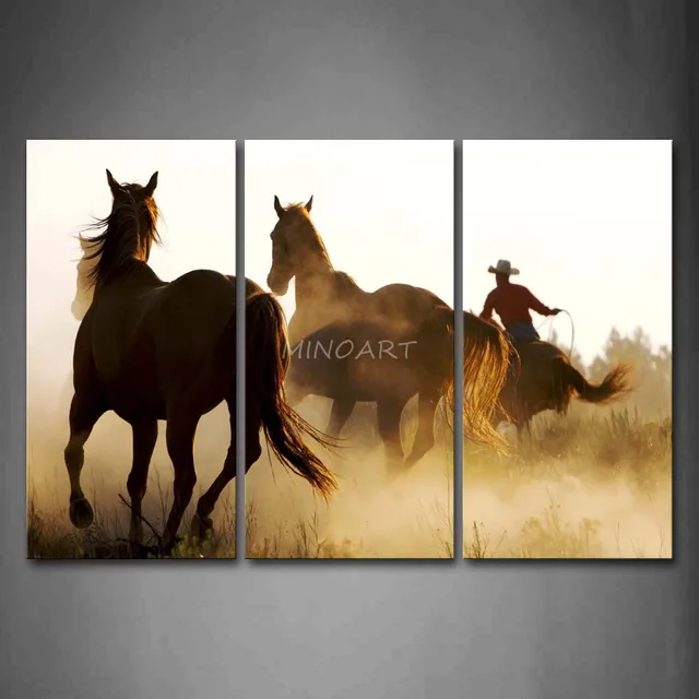 3 Piece Wall Art Painting Person Ride A Horse Run With Two Horses 3 Piece Wall Art Painting Person Ride A Horse Run With Two Horses Print On Canvas