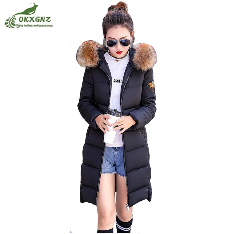 #*Cheap Winter Women #039;s Jackets 2019 New Winter Hooded Fur Collar Pike Down Cotton coats Female Medium Long Printed Thicken Women Jackets