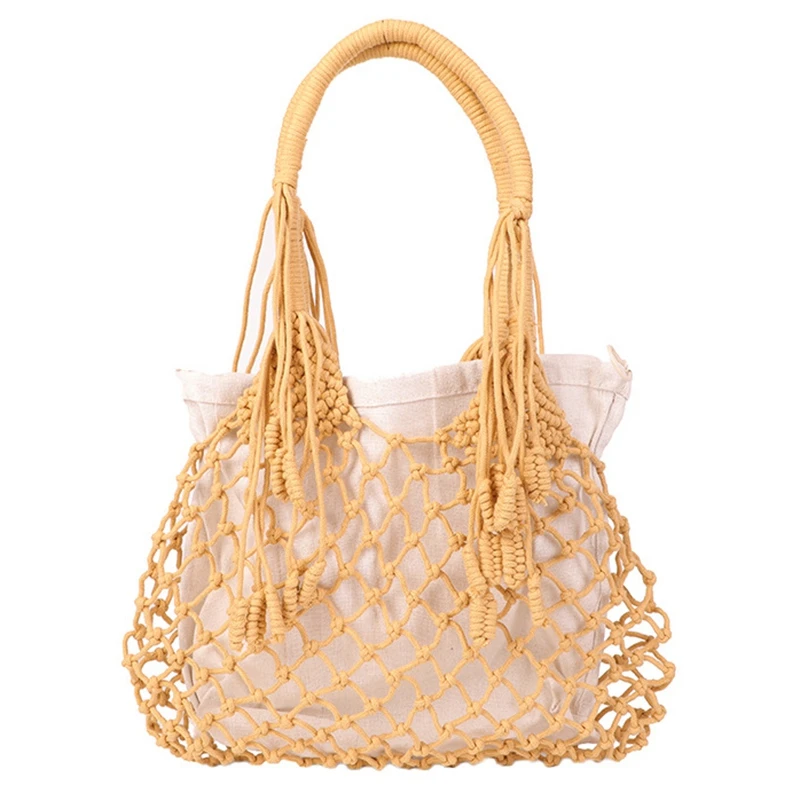 

AUAU-Summer Beach Bags Cotton Hollow Out Basket Composite Bag Leisure Straw Bag For Girls Women Handbags Mesh Rope Net Bags