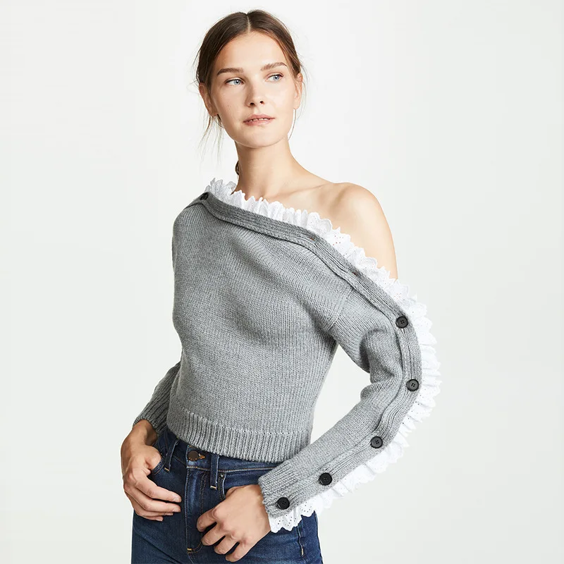 Femmes À Boutons Chandail 2018 Femme Jumper Manches Pulls Épaule Ruwnay Longues Automne Vêtements Off Pull Tops Hiver Doux Ruches 1Fc5uKJ3Tl