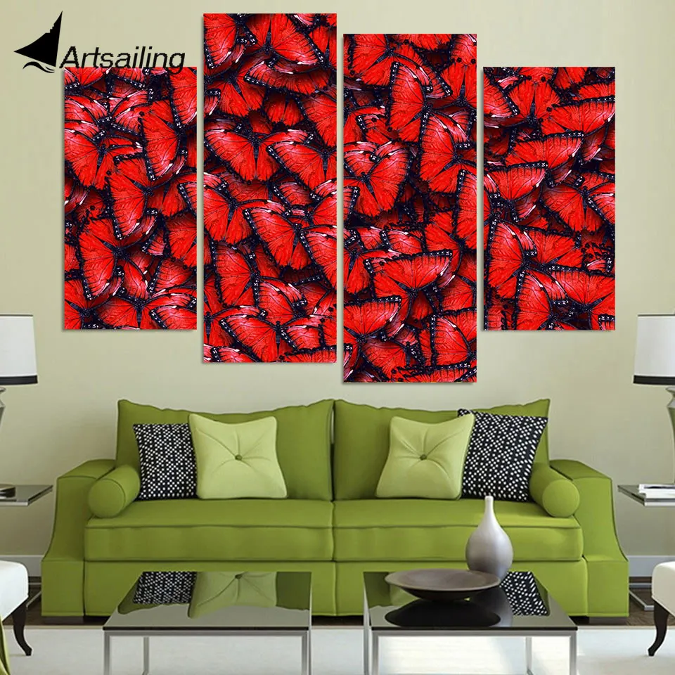 4 Panel Canvas Art Canvas Painting Red Butterflies HD Printed Wall Art