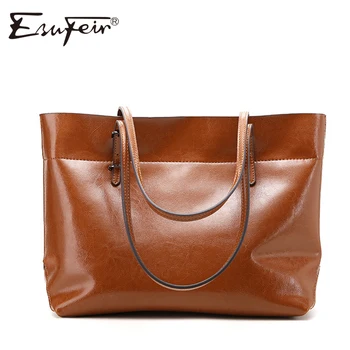 

ESUFEIR Brand Genuine Leather Women Handbag Oil Wax Leather Vintage Casual Tote Large Capacity Shoulder Bag Fashion Women Bag